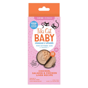 TIKI CAT BABY SHRED CHICKEN, SALMON & CHICKEN LIVER - CAJA X 03 LATAS/162GR
